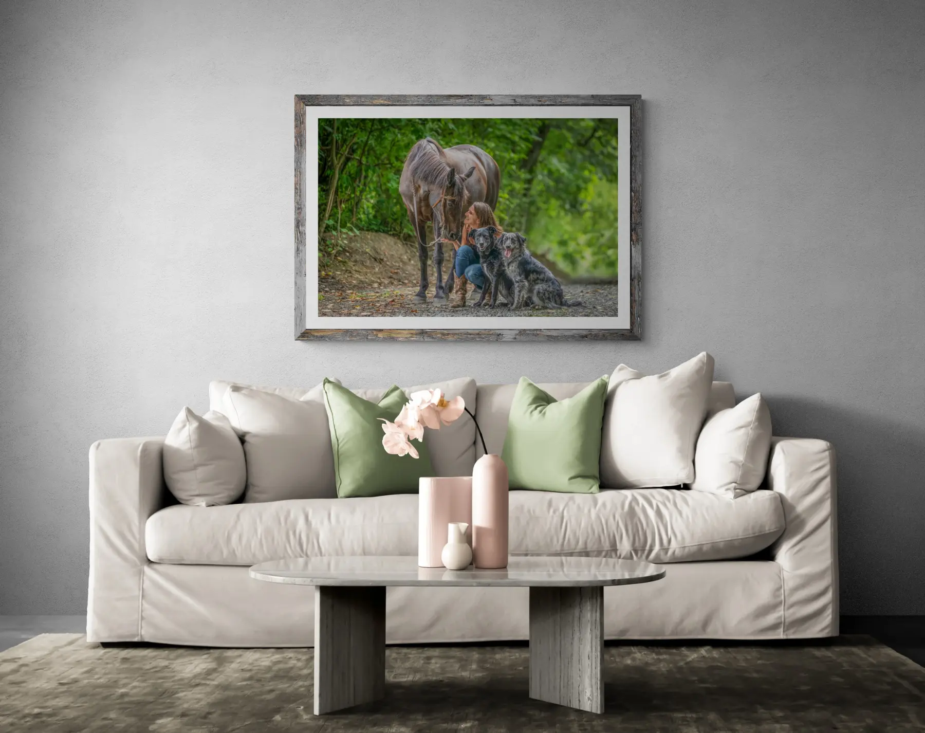 Fine art animal photography displayed in a bright living room